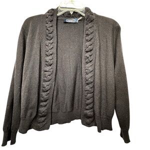 Magaschoni Cashmere Open Front Cardigan MED Black Cropped Sweater Ruffle Edge